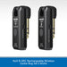 Two black NuX B-5RC wireless guitar bug transmitter and receiver units shown side by side on a white background with a blue text banner at the bottom.