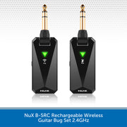 Two black NuX B-5RC wireless guitar bug transmitters with gold-plated 1/4 inch jacks, shown side by side on a white background with a blue text banner at the bottom.