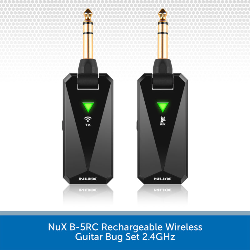 Two black NuX B-5RC wireless guitar bug transmitters with gold-plated 1/4 inch jacks, shown side by side on a white background with a blue text banner at the bottom.
