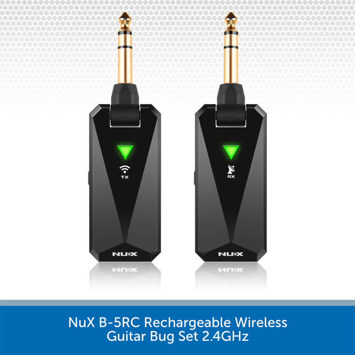 Two black NuX B-5RC wireless guitar bug transmitters with gold-plated 1/4 inch jacks, shown side by side on a white background with a blue text banner at the bottom.