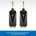 Two black NuX B-5RC wireless guitar bug transmitters with gold-plated 1/4 inch jacks, shown side by side on a white background with a blue text banner at the bottom.