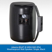 Black weatherproof wall speaker with visible technical details on a white background