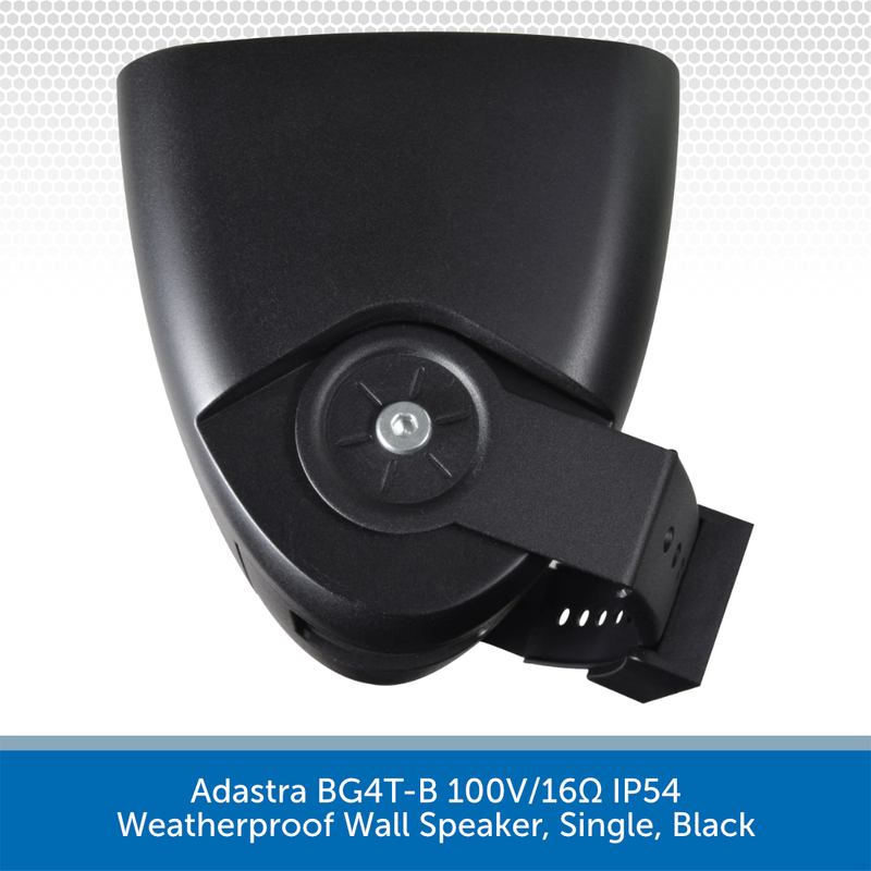 Black weatherproof wall speaker with technical specifications on a white background