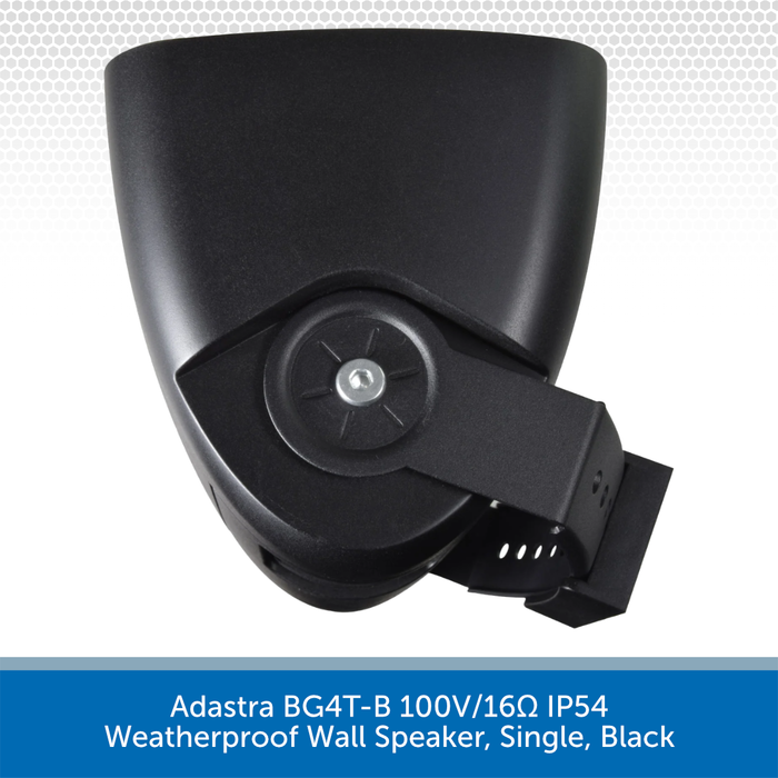 Black weatherproof wall speaker with technical specifications on a white background