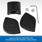 Black weatherproof wall speaker components with mounting hardware on a white background
