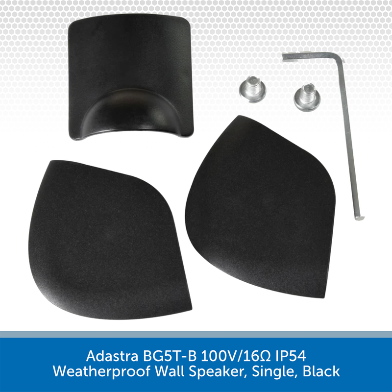 Black weatherproof wall speaker components with mounting hardware on a white background