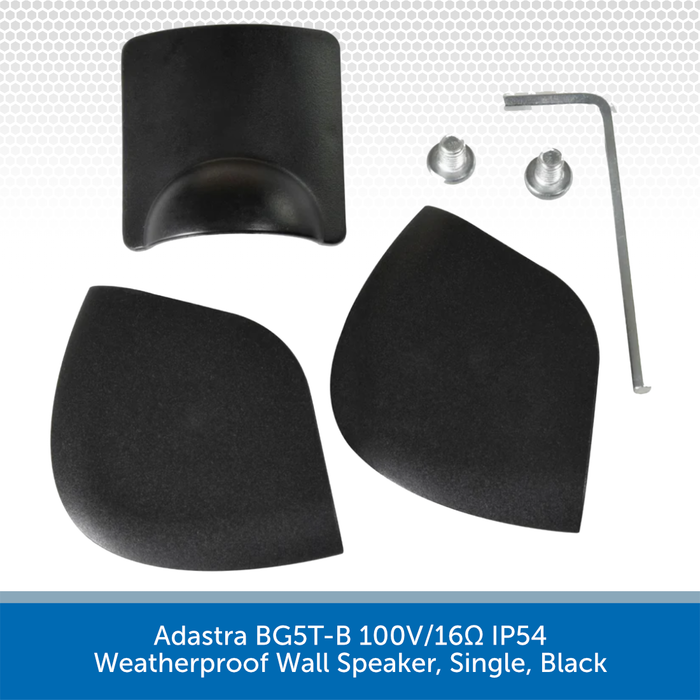 Black weatherproof wall speaker components with mounting hardware on a white background