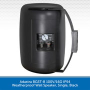 Black weatherproof wall speaker with visible wiring on a white background