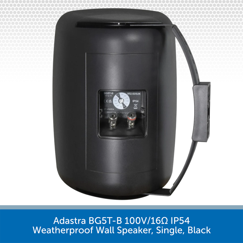 Black weatherproof wall speaker with visible wiring on a white background