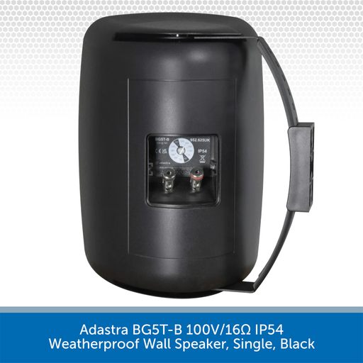 Black weatherproof wall speaker with visible wiring on a white background