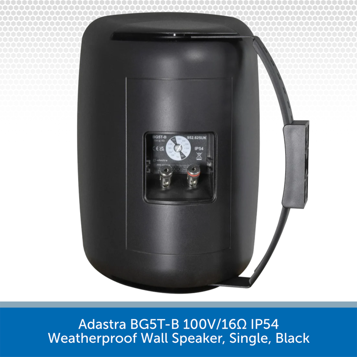 Black weatherproof wall speaker with visible wiring on a white background