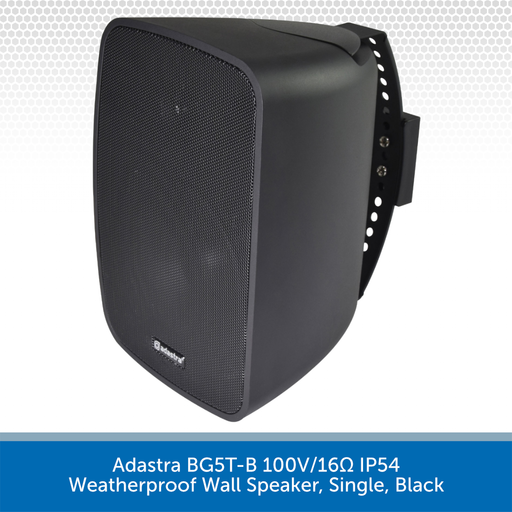 Black weatherproof wall speaker with Adastra branding on a light gray background