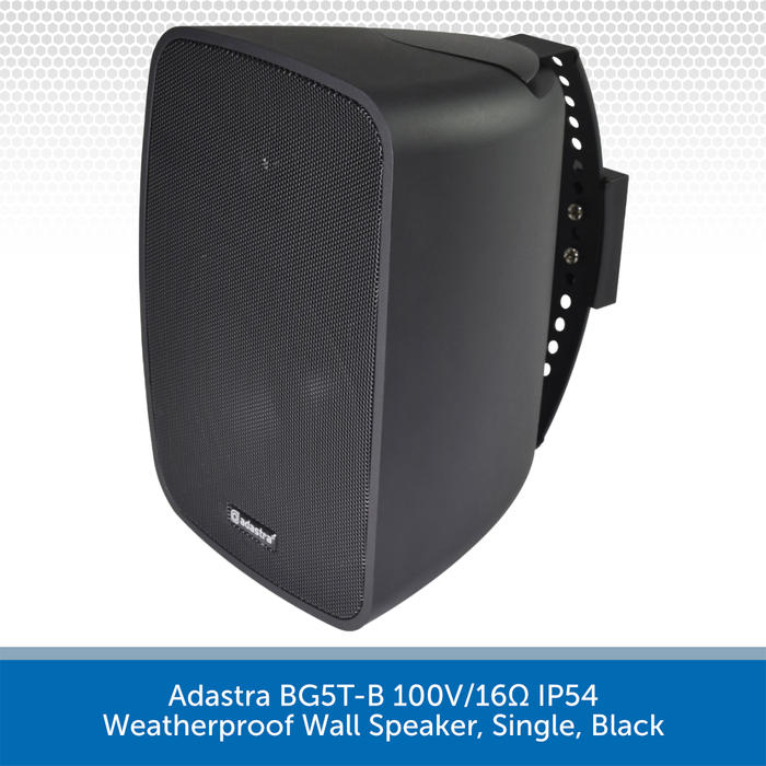 Black weatherproof wall speaker with Adastra branding on a light gray background