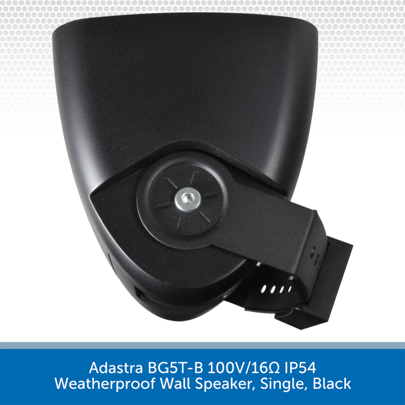 Black weatherproof wall speaker with text indicating model and specifications on a white background