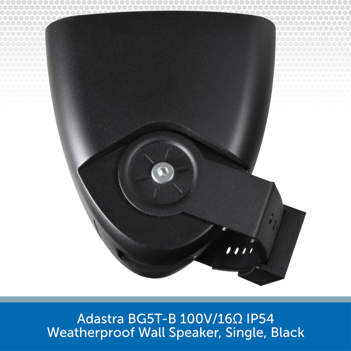 Black weatherproof wall speaker with text indicating model and specifications on a white background