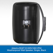 Black weatherproof wall speaker with technical details on a white background
