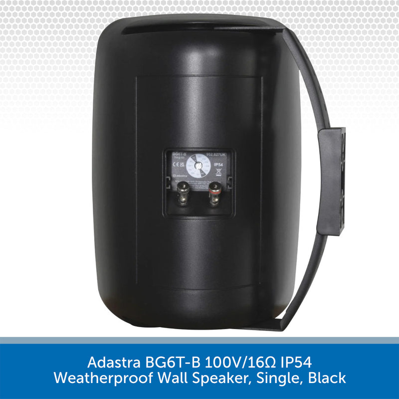 Black weatherproof wall speaker with technical details on a white background
