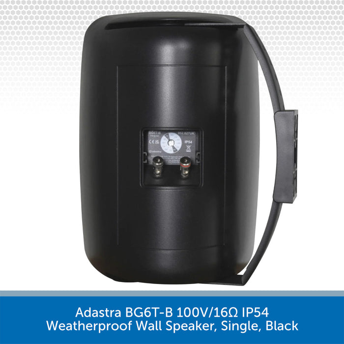 Black weatherproof wall speaker with technical details on a white background