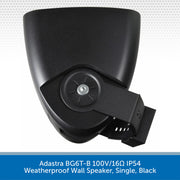 Black weatherproof wall speaker with text indicating model details on a white background