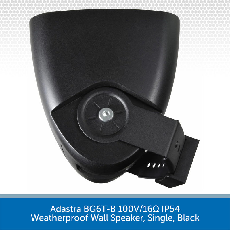 Black weatherproof wall speaker with text indicating model details on a white background