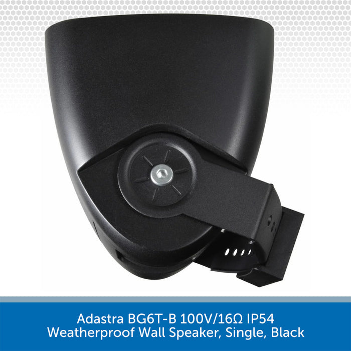 Black weatherproof wall speaker with text indicating model details on a white background