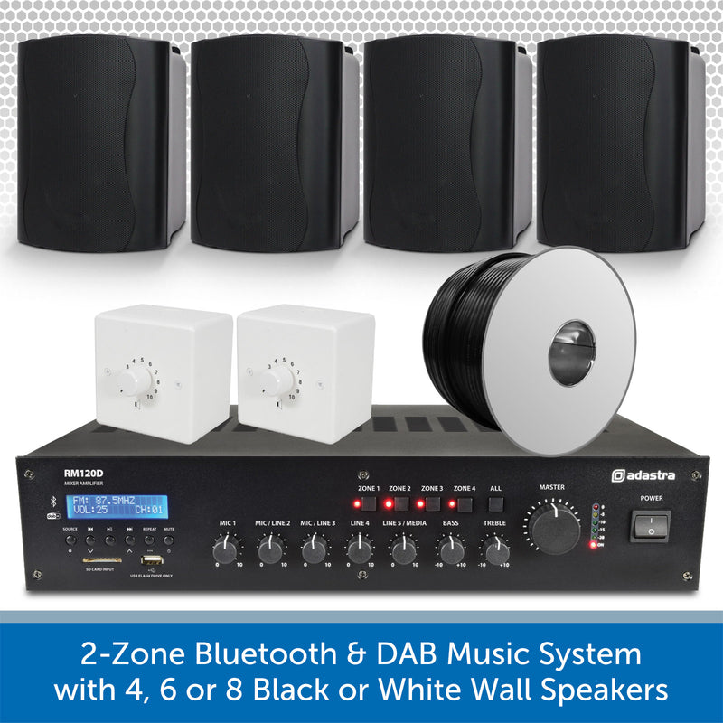 2-Zone Bluetooth & DAB Music System with 4, 6 or 8 Black or White Wall Speakers