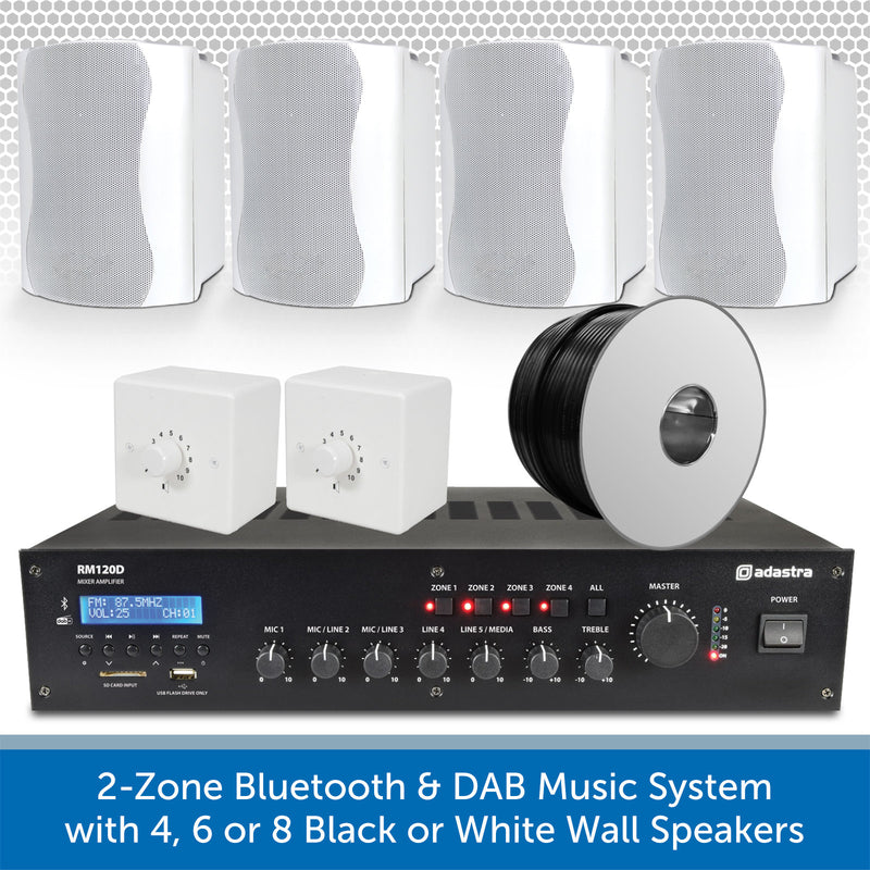2-Zone Bluetooth & DAB Music System with 4, 6 or 8 Black or White Wall Speakers