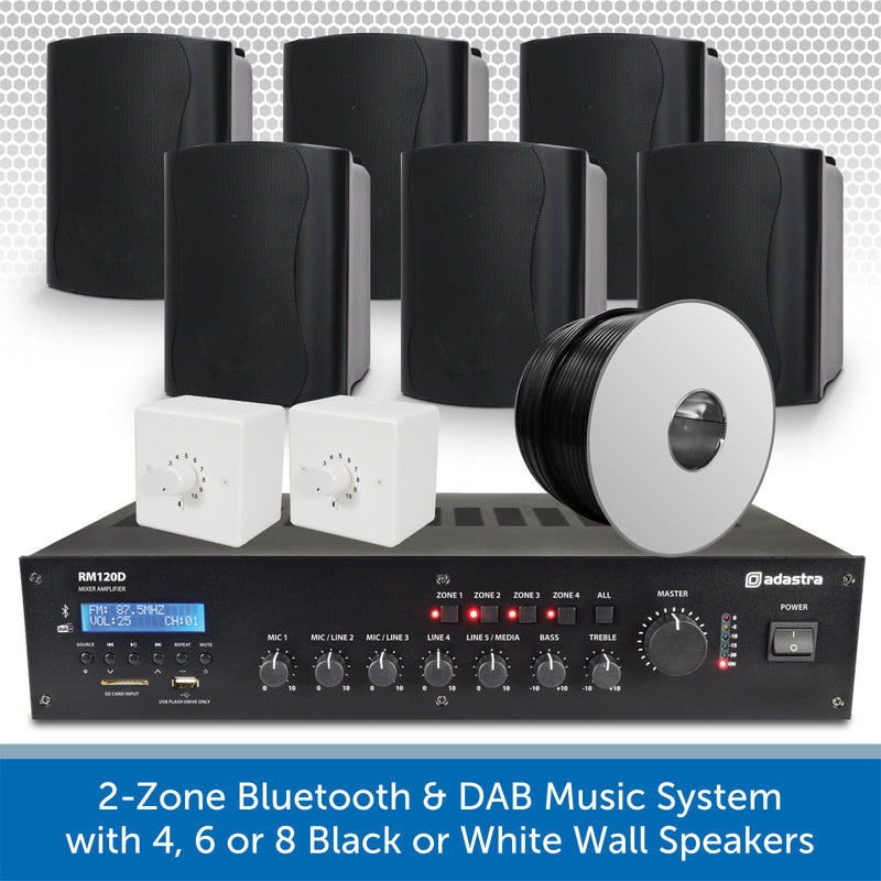 2-Zone Bluetooth & DAB Music System with 4, 6 or 8 Black or White Wall Speakers