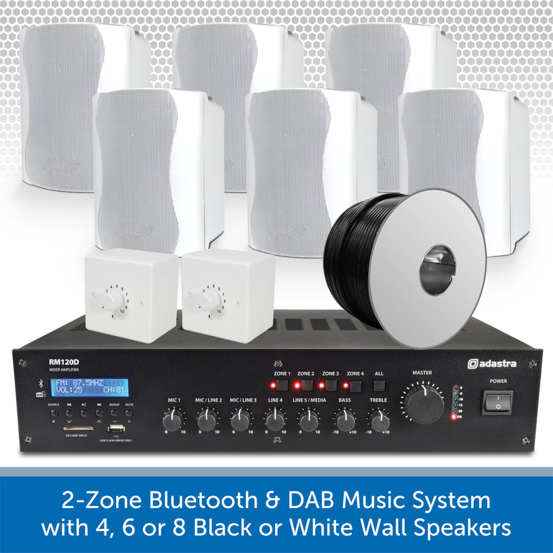 2-Zone Bluetooth & DAB Music System with 4, 6 or 8 Black or White Wall Speakers