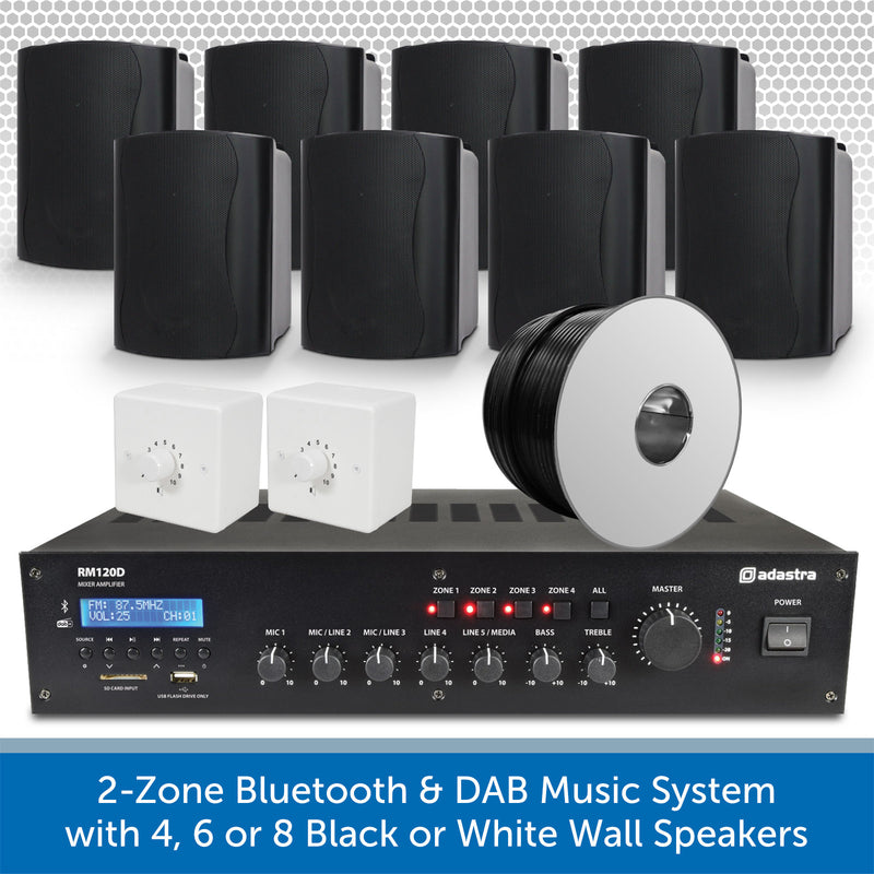 2-Zone Bluetooth & DAB Music System with 4, 6 or 8 Black or White Wall Speakers
