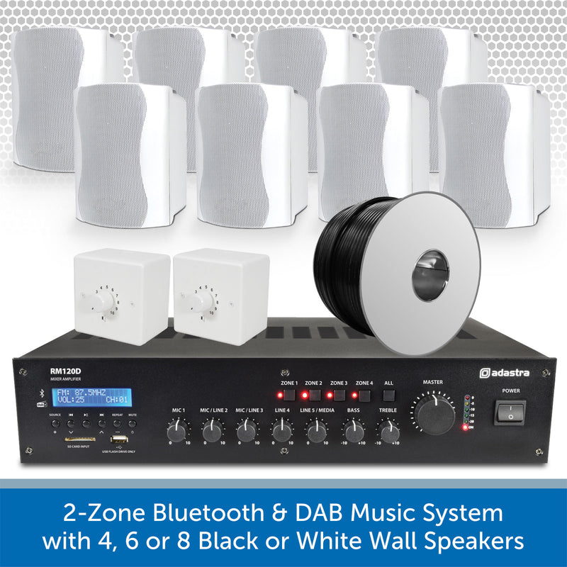 2-Zone Bluetooth & DAB Music System with 4, 6 or 8 Black or White Wall Speakers