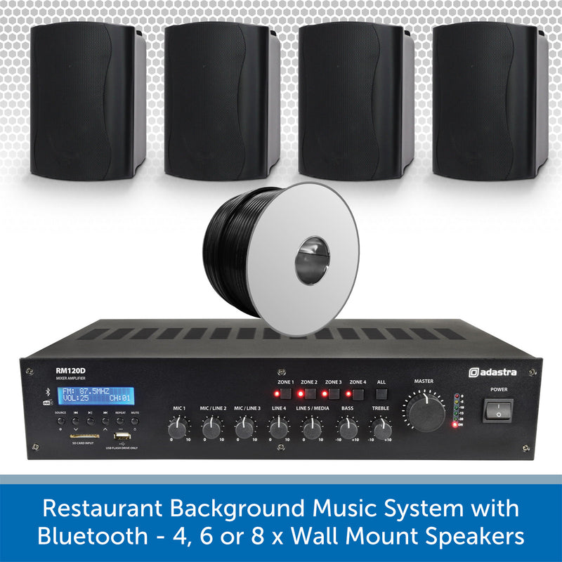 Restaurant Background Music System with Bluetooth - 4, 6 or 8 x Wall Mount Speakers