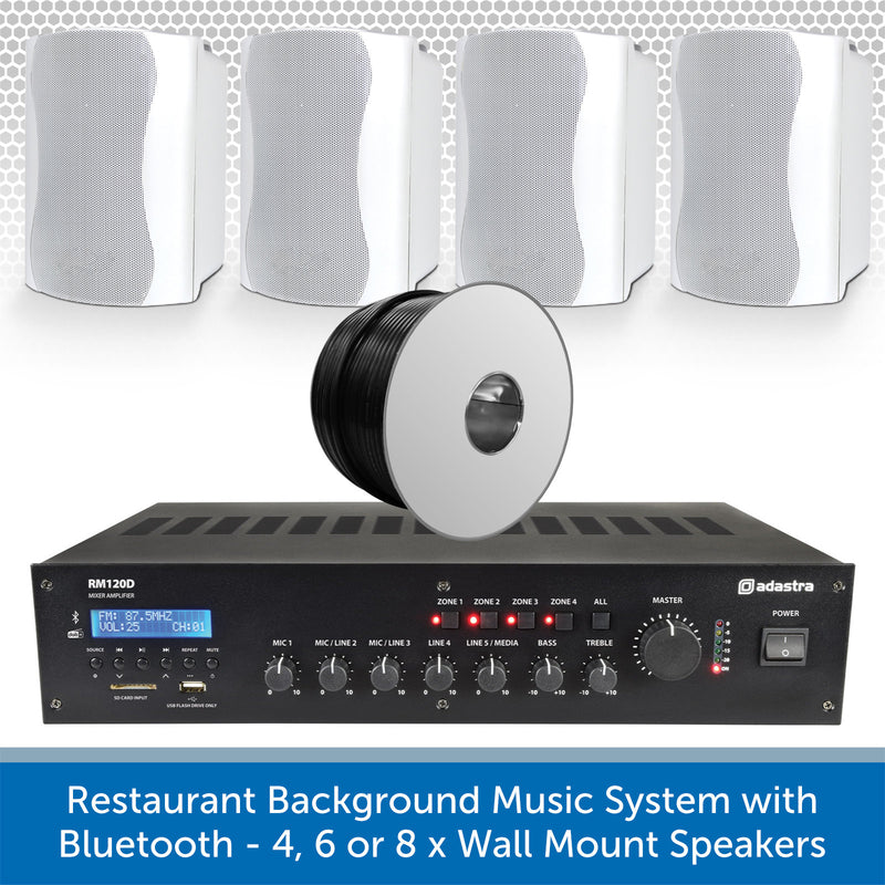Restaurant Background Music System with Bluetooth - 4, 6 or 8 x Wall Mount Speakers