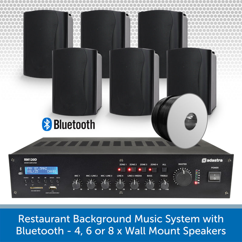 Restaurant Background Music System with Bluetooth - 4, 6 or 8 x Wall Mount Speakers