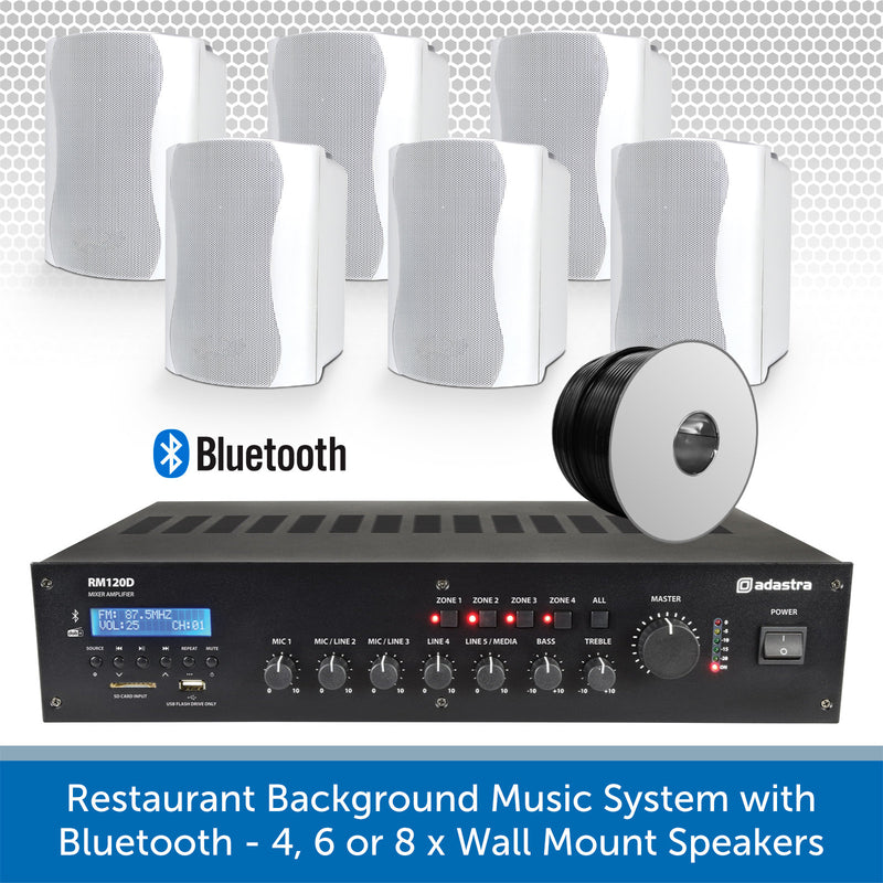 Restaurant Background Music System with Bluetooth - 4, 6 or 8 x Wall Mount Speakers