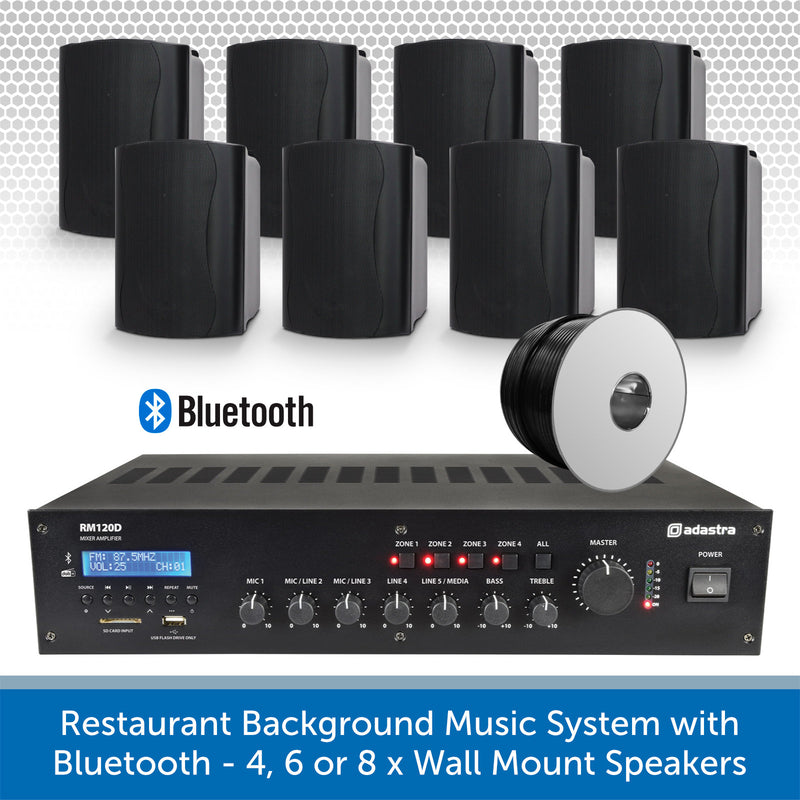 Restaurant Background Music System with Bluetooth - 4, 6 or 8 x Wall Mount Speakers