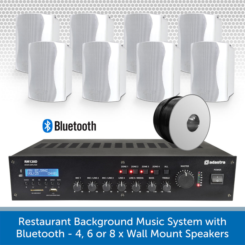 Restaurant Background Music System with Bluetooth - 4, 6 or 8 x Wall Mount Speakers