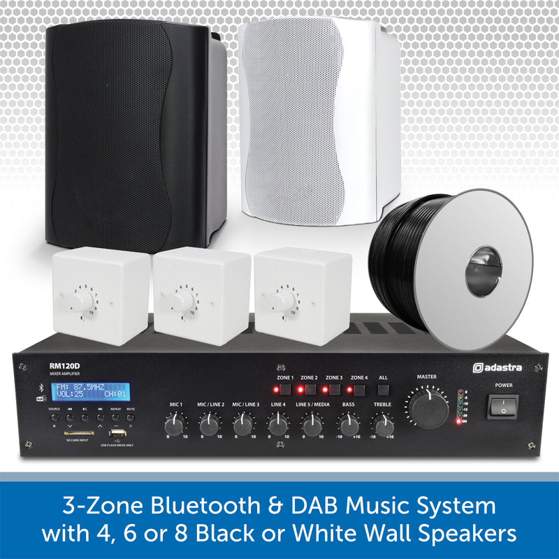 3-Zone Bluetooth & DAB Music System with 4, 6 or 8 Black or White Wall Speakers