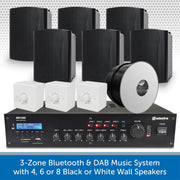 3-Zone Bluetooth & DAB Music System with 4, 6 or 8 Black or White Wall Speakers