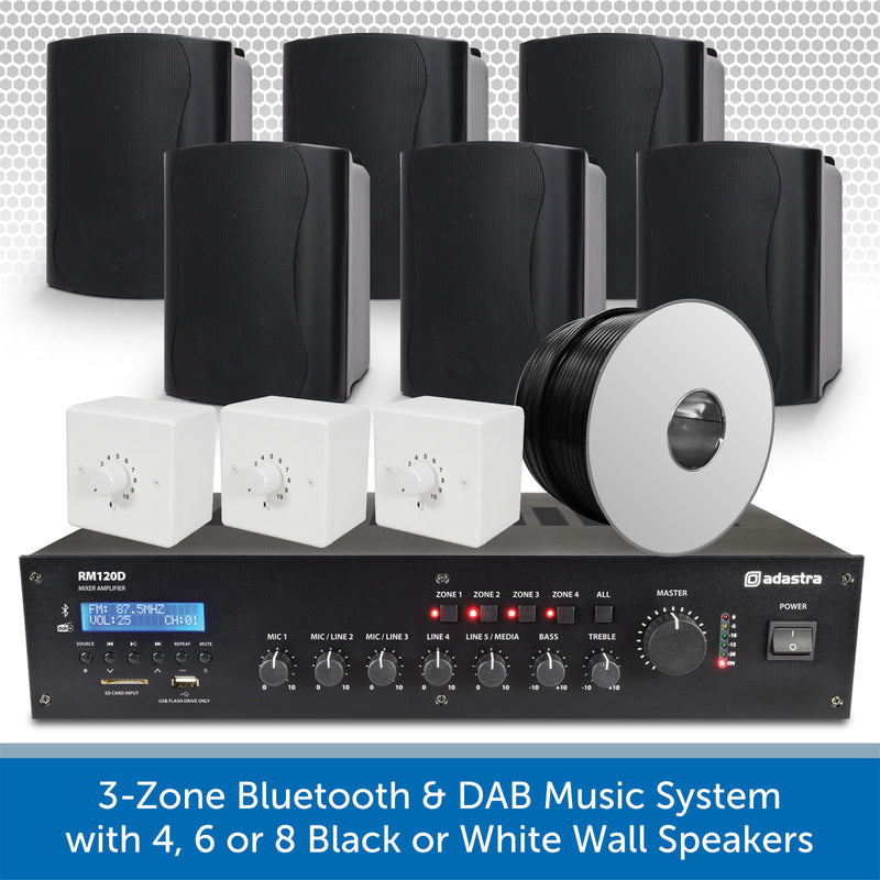 3-Zone Bluetooth & DAB Music System with 4, 6 or 8 Black or White Wall Speakers