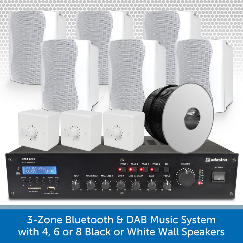 3-Zone Bluetooth & DAB Music System with 4, 6 or 8 Black or White Wall Speakers