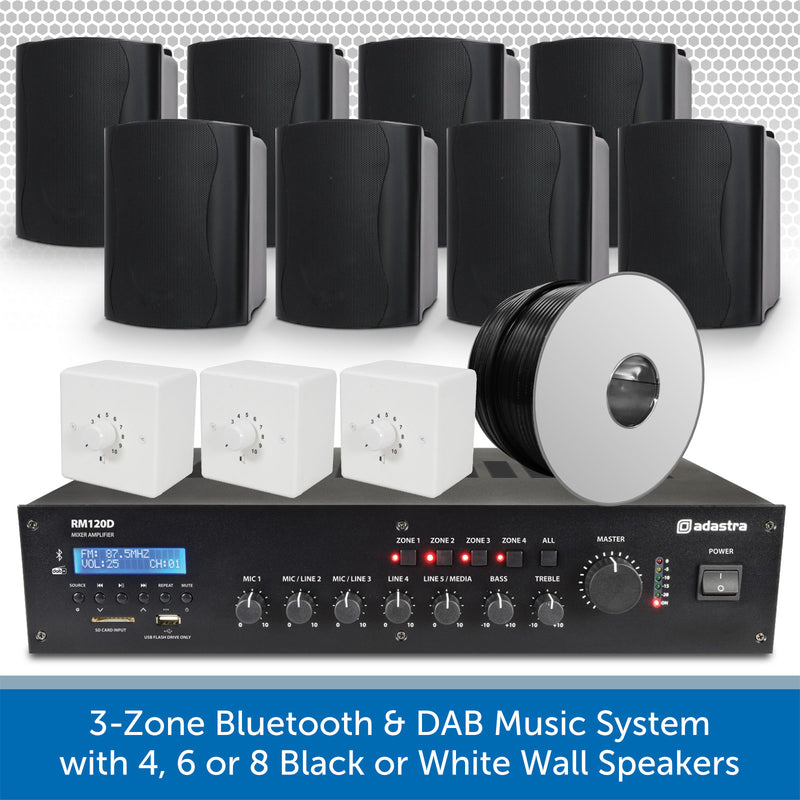 3-Zone Bluetooth & DAB Music System with 4, 6 or 8 Black or White Wall Speakers