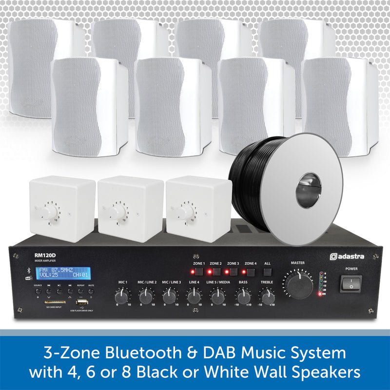 3-Zone Bluetooth & DAB Music System with 4, 6 or 8 Black or White Wall Speakers
