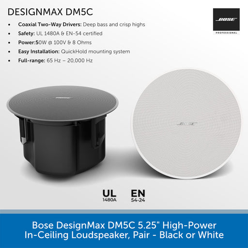 Bose DesignMax DM5C 5.25" high-power in-ceiling loudspeaker with specifications on a gray background.