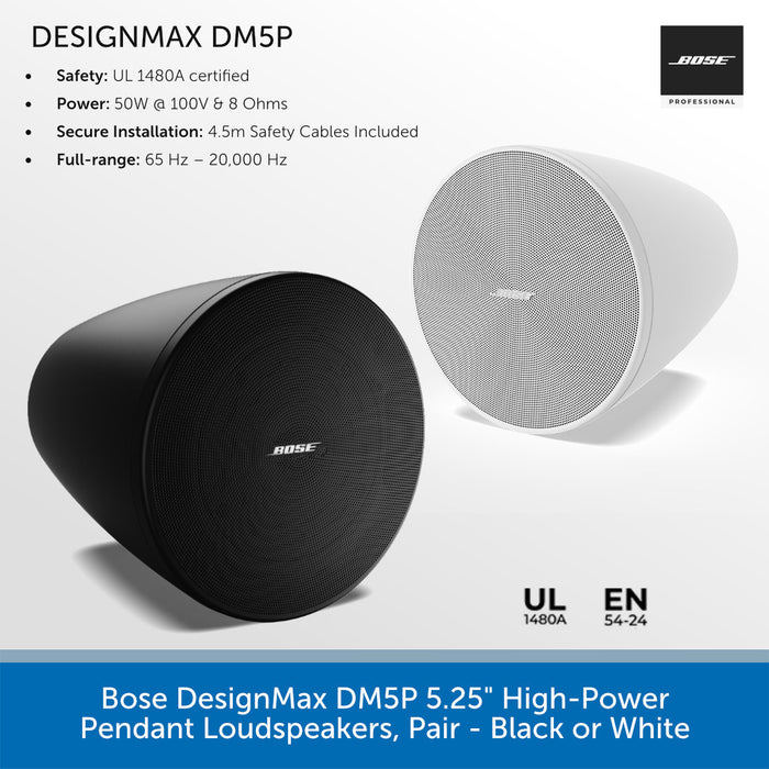 Bose DesignMax DM5P high-power pendant loudspeakers in black and white on a gray background.