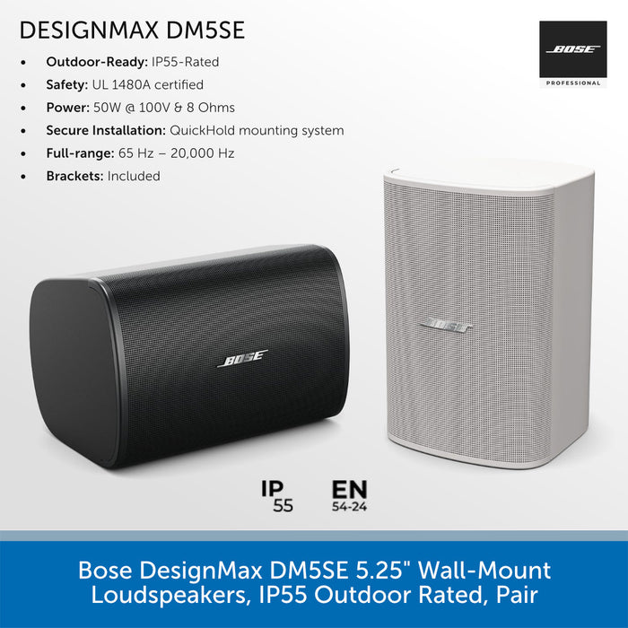 Bose DesignMax DM5C outdoor speakers with specifications on a white background