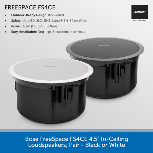 Bose FreeSpace FS4ACE 4.5" in-ceiling loudspeakers with specifications on a gray background