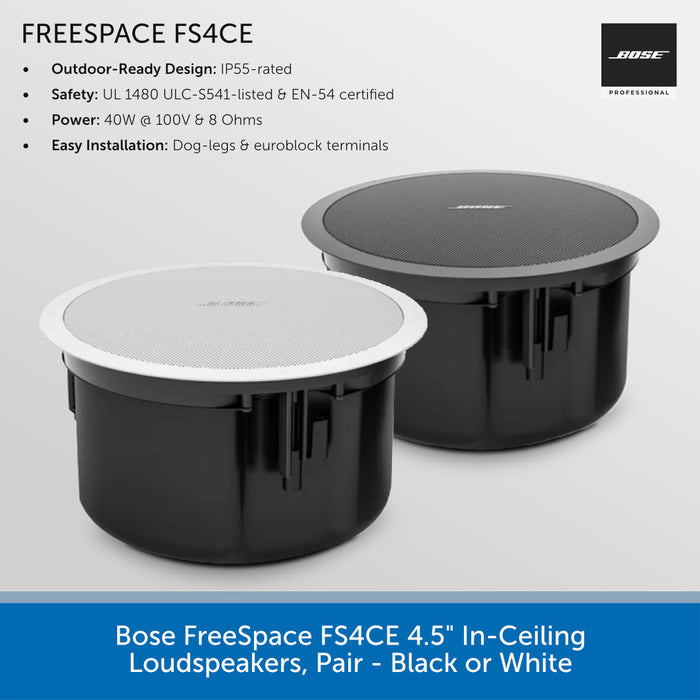 Bose FreeSpace FS4ACE 4.5" in-ceiling loudspeakers with specifications on a gray background