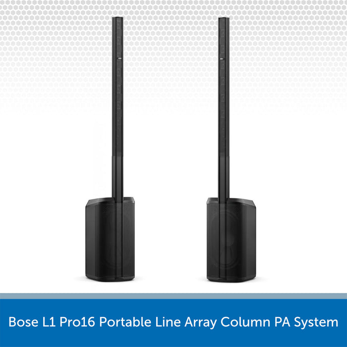 Two black Bose L1 Pro16 Portable Line Array Column PA System speakers on a white background.