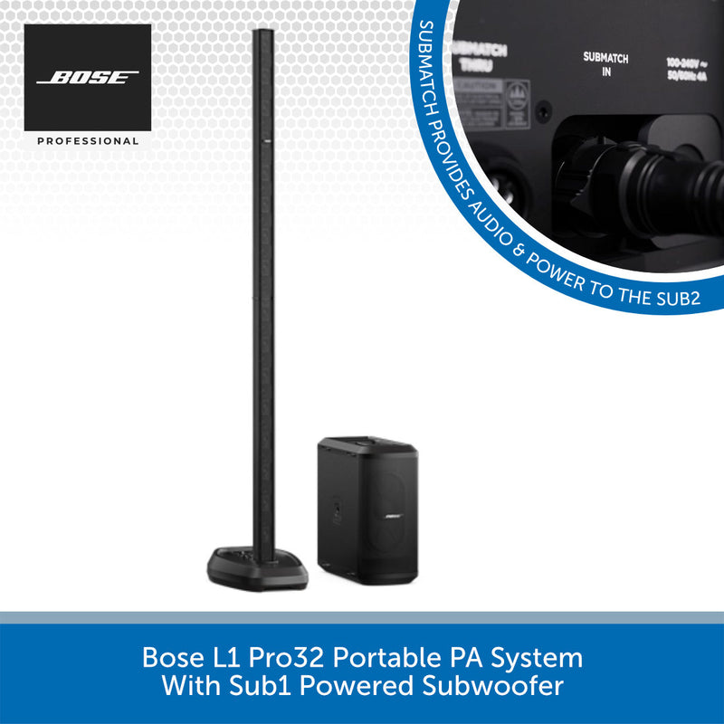 Bose L1 Pro32 Portable PA System with Sub1 Powered Subwoofer on a white background